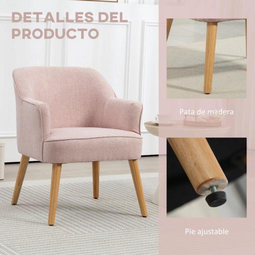 Butaca de Salón Moderna Sillón Individual Tapizado en Lino con Patas de Madera Carga 120 kg 64,5x65x79,5 cm Rosa [3]