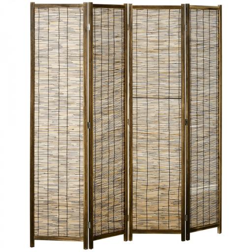 Biombo de 4 Paneles Plegable 160x1,8x170 cm Separador de Ambientes de Madera y Carrizo Natural [8]