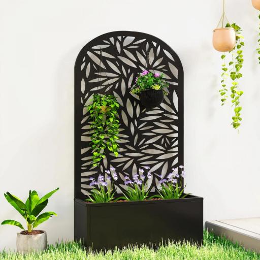 Jardinera con Pantalla de Privacidad Curva de Hojas de Metal y Opción de Montaje en Pared 61x23x113 cm Negro