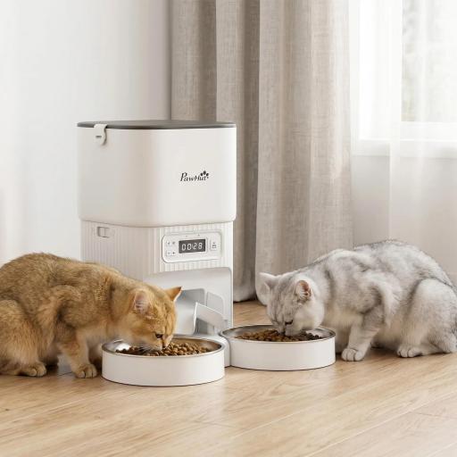Comedero Gato Automático 4L Dispensador Comida para Gatos/Perros 1-6 Comidas al Día 2 Cuencos 2 Fuentes de Alimentación [0]