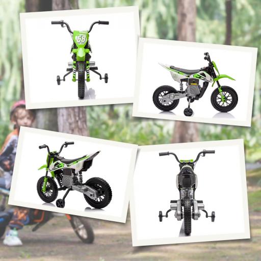 Moto Eléctrica para Niños de +3 Años con Batería 12V Música y Ruedas Auxiliares Carga 30 kg Verde [2]