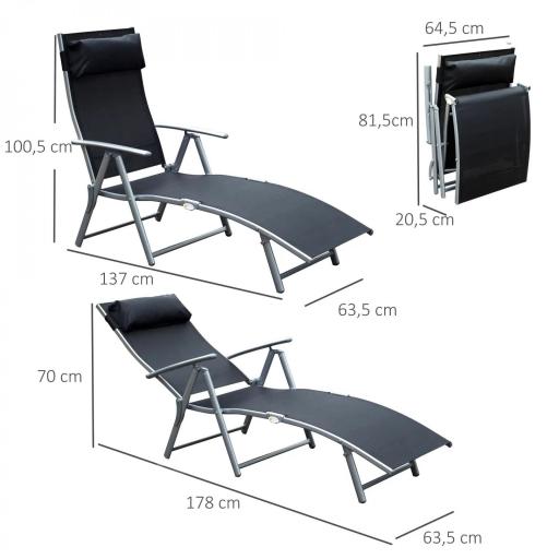 Tumbona de Jardín Plegable con Respaldo Ajustable en 7 Niveles Almohada y Reposabrazos 137x63,5x100,5 cm Negro [1]