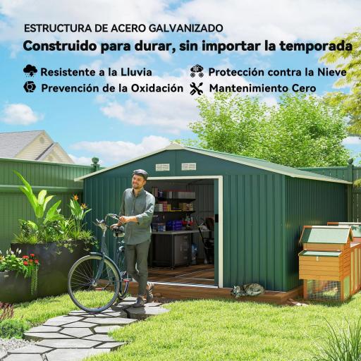 Cobertizo de Jardín 12,4 m² 340x386x200 cm con 2 Puertas Corredizas Base Refuerzo (Suelo NO Incluido) Verde [2]