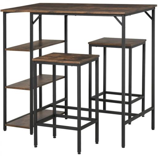 Set de Mesa de Bar y 2 Taburetes con Reposapiés y Estantes de 3 Niveles Almohadillas 109x60x100 cm Marrón Rústico [4]