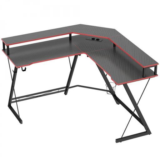 Escritorio Esquinero con Enchufes en Forma de L 128x128 cm con Soporte para Monitor Gancho y Portavasos Negro [10]