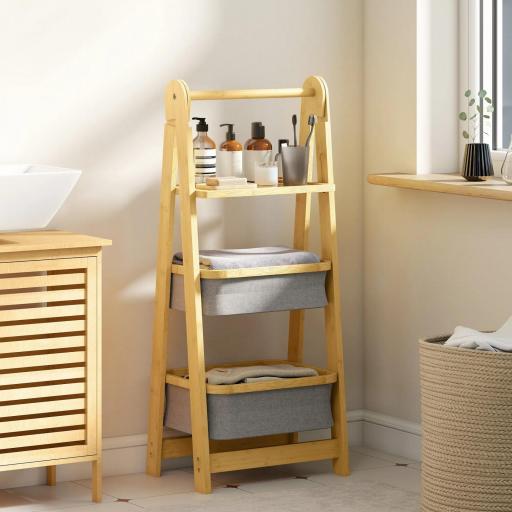 Estantería para Baño Plegable de Bambú con 2 Cestos para Ropa Sucia Estante Abierto Gris