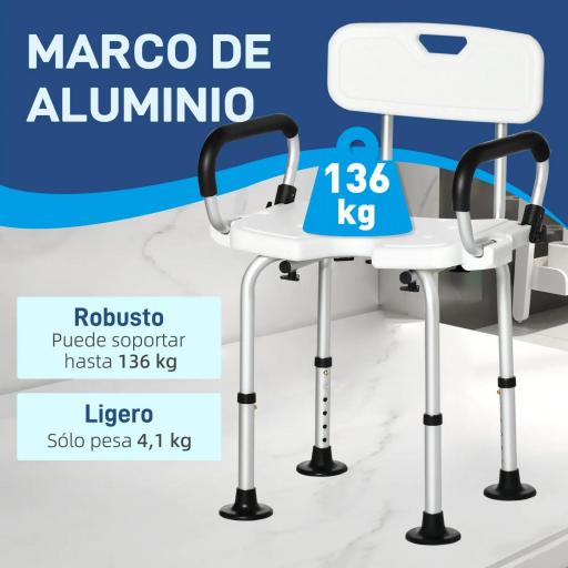 Silla para Ducha Taburete de Ducha Antideslizante con Altura Ajustable y Apoyabrazos Regulable Carga 136 kg [4]