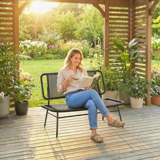 Sofá Exterior de Ratán de 2 Plazas con Asiento y Respaldo Tejidos de Ratán Estructura de Acero Carga 240 kg Negro [5]