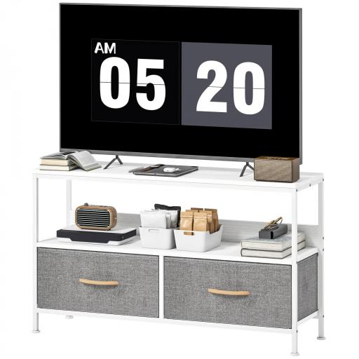 Mueble de TV con Estante y 2 Cajones de Tela Plegables para Televisores hasta 47 Pulgadas Largo de 98 cm Blanco y Gris [8]
