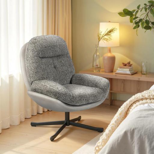 Butaca de Salón Giratoria Moderna Tapizada en Chenilla y Cuero PU con Asiento Ancho Base de Cruz Sillón Relax Gris [7]