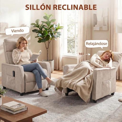 Sillón de Masaje Reclinable con Reposapiés 2 Zonas de Masaje Asiento de Muelles Bolsillos Tapizado en Lino Crema [2]