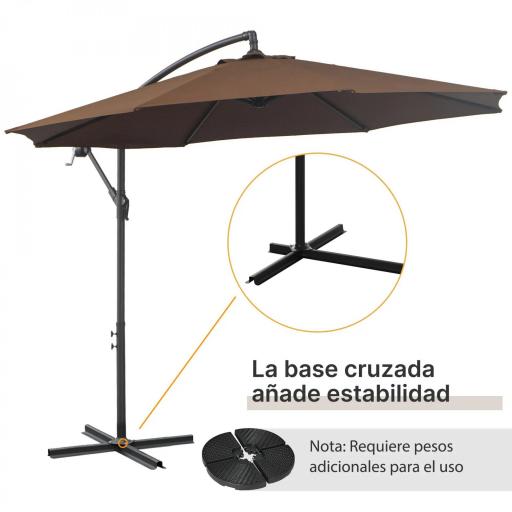 Sombrilla de Jardín Ø295 cm Parasol Excéntrico Inclinable con Manivela Base Cruzada y Soporte de Acero Café [3]