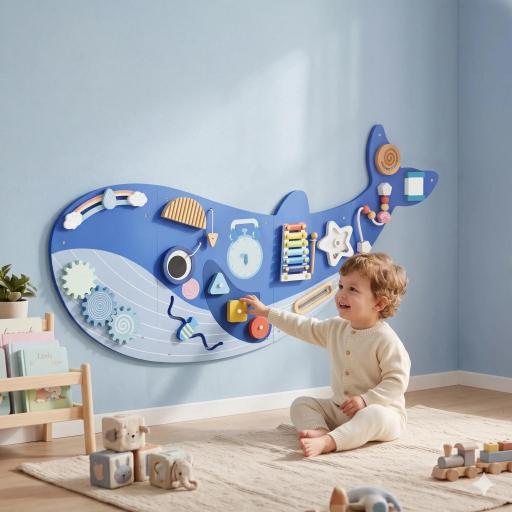 Tablero Sensorial Montessori Tema Ballena Busy Board Panel Sensorial Montessori 13 en 1 para Niños +2 Años Azul