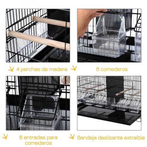Jaula para Pájaros con Divisor Ganchos Superiores Puertas Comederos Perchas y Bandeja Extraíble 59,5x26,5x39,5 cm Negro [4]