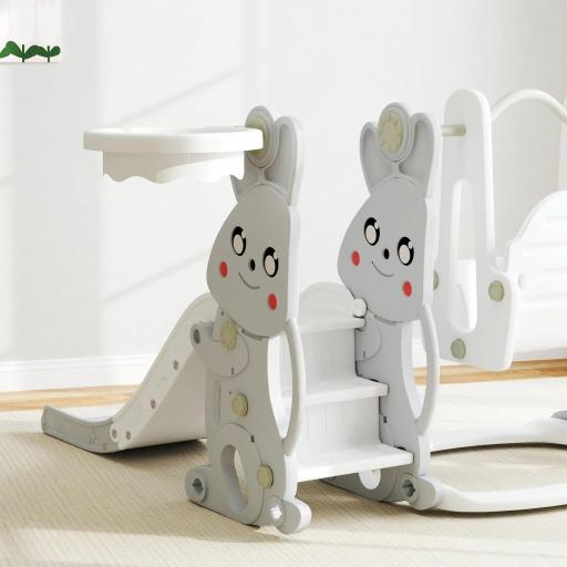 Tobogán Infantil con Columpio con Barandilla y Canasta 4 en 1 para Niños de +18 Meses 147,5x160x107 cm Gris [6]