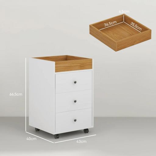 Cajonera de Oficina con 4 Ruedas 3 Cajones y 1 Bandeja Extraíble Carga 30 kg 43x40x66,5 cm Blanco y Natural [1]