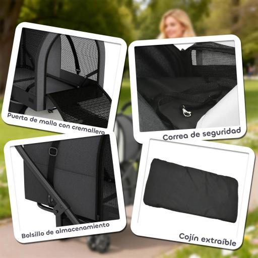 Carrito Doble para Perros Gatos Plegable con 2 Transportines Extraíbles con Cinturón y Cojines 66x50x98cm Gris Oscuro [3]