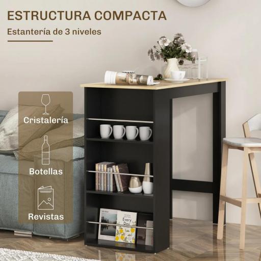 Mesa Alta de Bar Mesa de Cocina con 3 Estantes Marco de Madera Estilo Moderno 112x57x106 cm Negro y Natural [2]