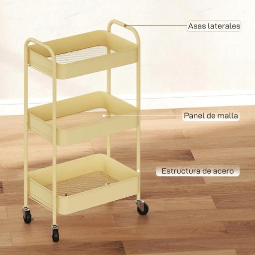 Carrito Auxiliar con Ruedas de 3 Niveles Carrito de Cocina con 3 Cestas y 2 Asas 45x30,6x79 cm Amarillo [5]