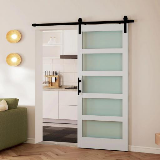 Puerta Corredera Interior 91x213 cm con Kit de Montaje, MDF y Vidrio Esmerilado, Riel y Herrajes, Blanco [5]