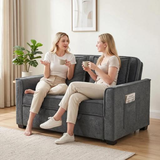 Sofá Cama 2 Plazas 3 en 1 con Respaldo Ajustable Bolsillos Laterales 2 Almohadas para Sala de Estar Gris Oscuro [4]
