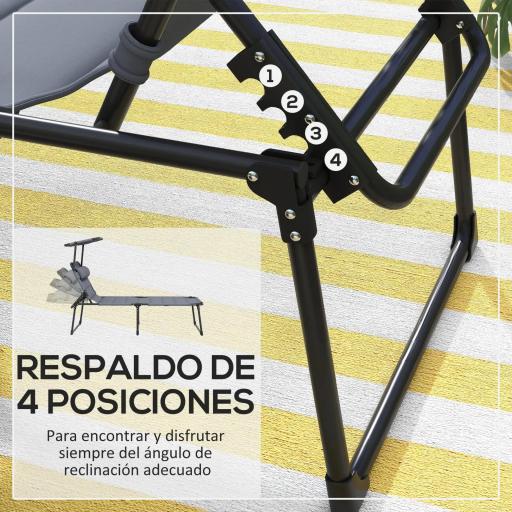 Tumbona de Jardín con Toldo Ajustable Respaldo Regulable en 4 Niveles Reposacabezas para Terraza 70x200x45 cm Gris [2]