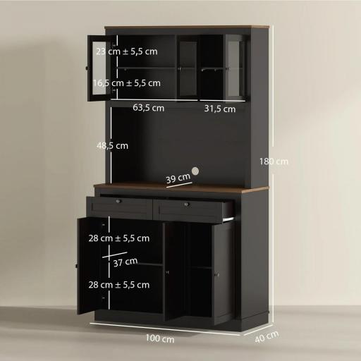 Alacena de Cocina con 3 Puertas de Vidrio Compartimento Abierto 2 Cajones y Estantes Ajustables 100x40x180 cm Negro [1]