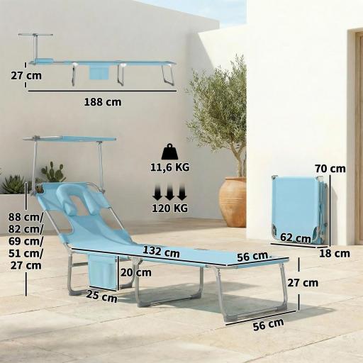 Set de 2 Tumbonas Plegables Reclinables con Dosel 360° Orificio Facial Bolsillo Lateral y Textilene 550 g/m² Azul [1]