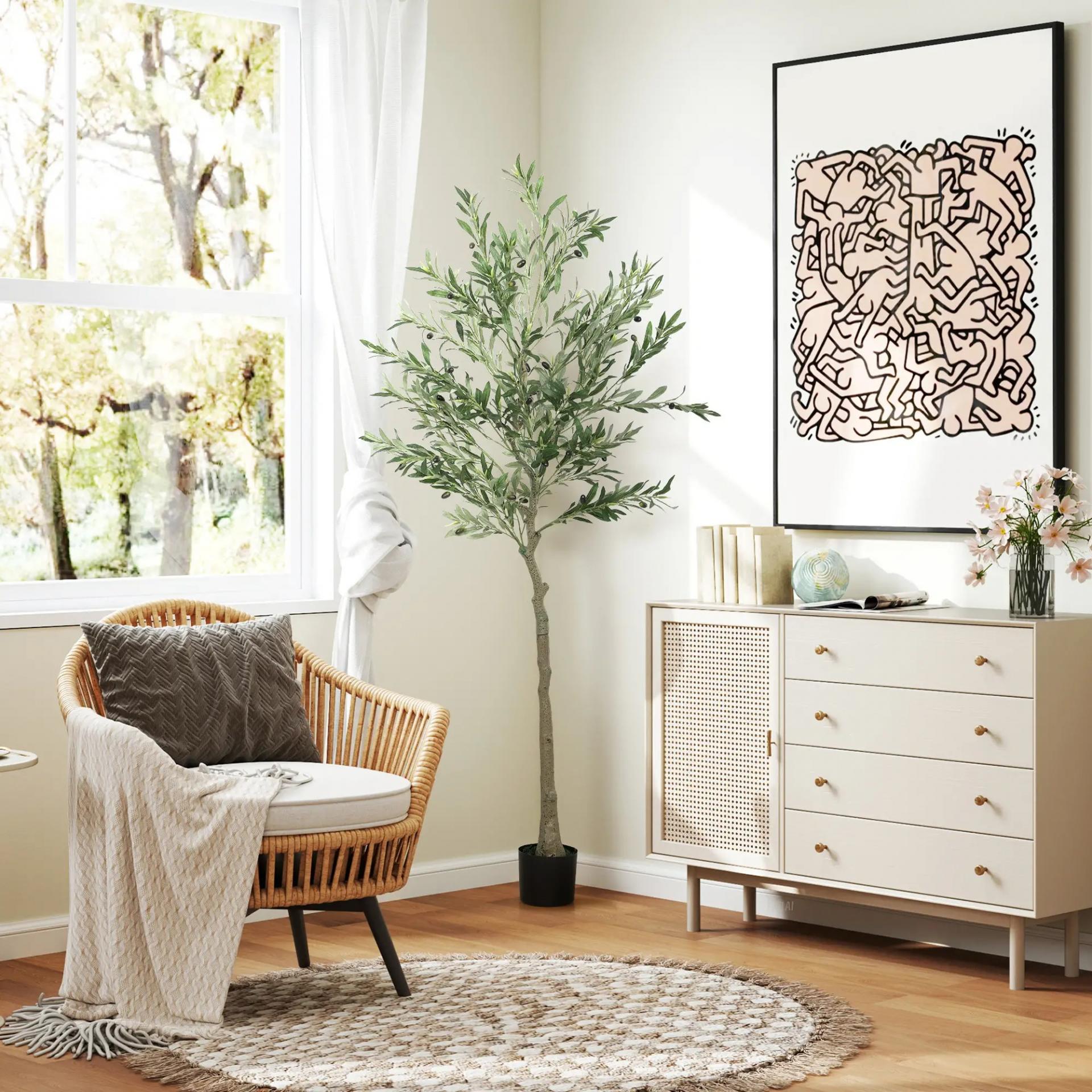 Planta Artificial Decorativa de 180cm Árbol de Olivo con 900 Hojas y 40 Aceitunas en Maceta para Interior Verde