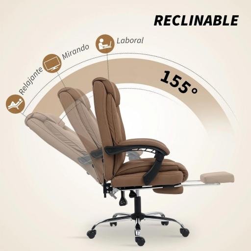 Silla de Escritorio con Reposapiés Respaldo Reclinable Acolchado Grueso Tapizada en Cuero Sintético Marrón [3]