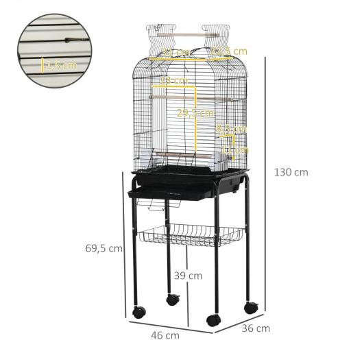 Jaula para Pájaros con Soporte Jaula de Aves Canarios con 4 Ruedas Techo Abrible 2 Comederos 3 Perchas Bandeja Extraíble y Estante Inferior 46x36x130 cm Negro [1]