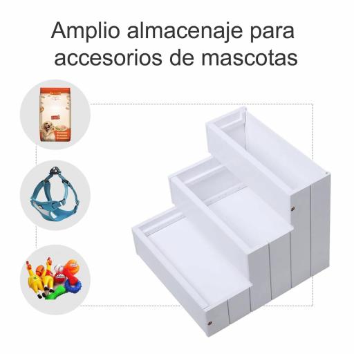 Escalera para Mascotas 3 Peldaños con Espacio de Almacenaje y Alfombra Antideslizantes Portátil Madera para Vehículo Carga 30 kg 40,5x44,5x38 cm Blanco [2]