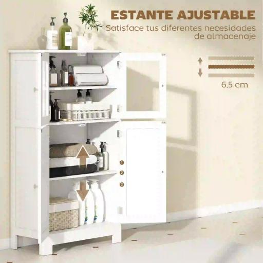 Armario Auxiliar de Baño con Puertas de Cristal y Estante Ajustable Armario Multifuncional 60x30x108,5cm Blanco [3]