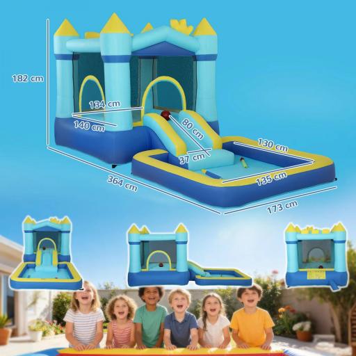 Castillo Hinchable para Niños con Soplador Tobogán Cama Elástica Piscina y Aro de Baloncesto para Niños 3-8 Años Azul [1]