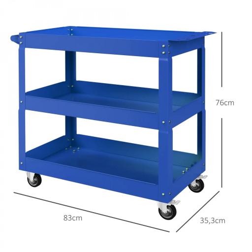 Carro de Taller de Acero con 3 Estantes de Almacenamiento y Asa Lateral Carga 150 kg 83x35,3x76 cm Azul [1]