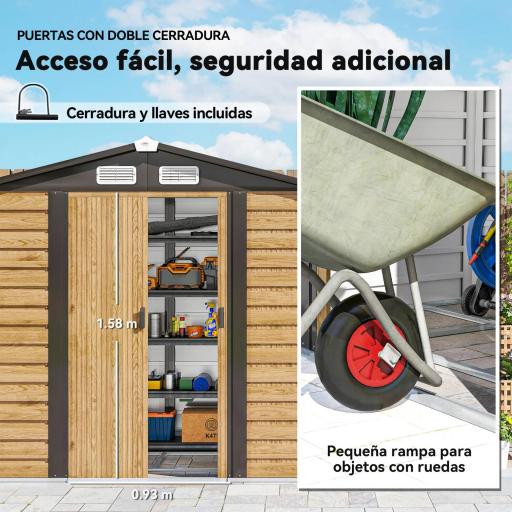 Cobertizo Metálico para Jardín 213x120x166/194 cm con Base Refuerzo Puertas Correderas y Ventilaciones Roble. [4]