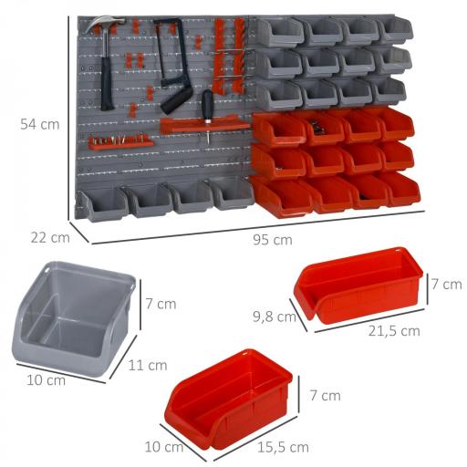 Estantería de Pared para Herramientas de 44 Piezas 95x54 cm con 28 Cajas Apilables y Diferentes Ganchos Gris y Rojo [1]