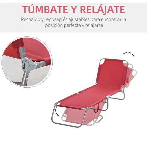 Tumbona Jardín Exterior Plegable con Respaldo Ajustable en 5 Posiciones Carga 120 kg para Terraza 187x55x24 cm Burdeos [2]