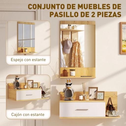 Conjunto de Recibidor de Entrada de Pared con Espejo y Almacenaje Espejo con Cajón y 2 Estantes Abiertos Madera Natural [2]