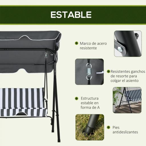Balancín de Jardín Exterior Columpio de 3 Plazas con Toldo Ajustable y Marco de Acero 172x110x153 cm Gris y Blanco [2]