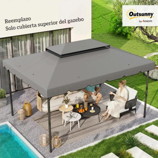 Toldo de Recambio para Cenador 4x3 m con Techo Doble Orificios de Drenaje Solo Toldo NO Incluye Marco Gris Claro
