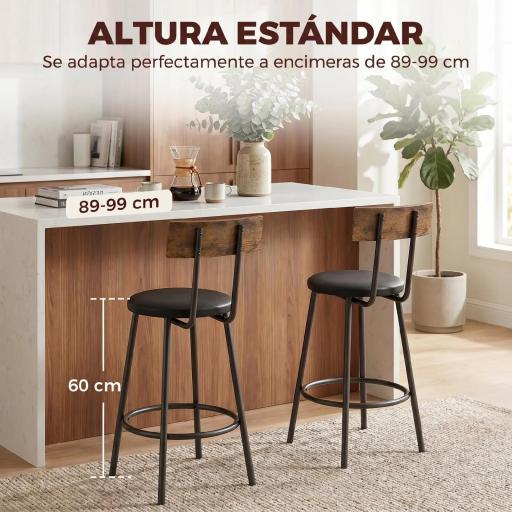Set de 2 Taburetes de Bar con Respaldo y Reposapiés Tapizados en PU 41x47x92 cm Negro [2]