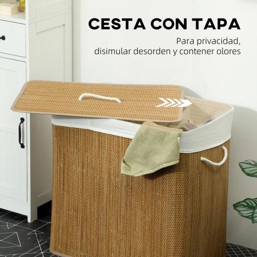 Cesto de Ropa Sucia de Bambú con 1 Compartimento Asas para Facilitar el Uso y Bolsas Desmontables Lavables 60x40x60 cm [4]