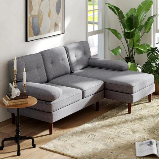 Sofá Esquinero de 3 Plazas Tapizado en Chenilla en Forma de L con Patas de Madera y Reposabrazos 215x142x88 cm Gris