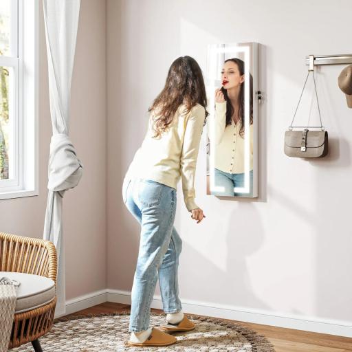 Espejo Joyero de Pared con Luces LED y Cerradura Armario de Joyas para Colgar en la Pared o en la Puerta Blanco