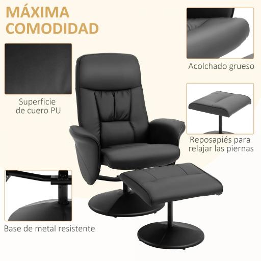 Sillón de Relax con Reposapiés Respaldo Reclinable hasta 145° para Salón Dormitorio Oficina 76x81x101 cm Negro [5]