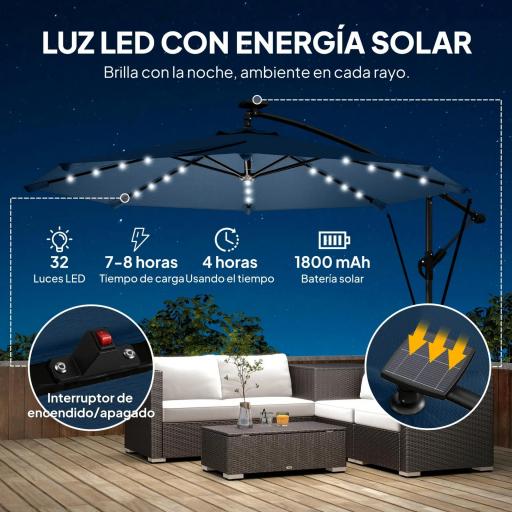 Parasol Excéntrico con Luces LED Solares Ø345 cm Sombrilla Jardín de Aluminio con Base Cruzada Manivela Funda Azul [4]