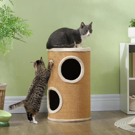 Barril Rascador para Gatos de 2 Niveles Torre Rascador para Gatos con 2 Cuevas y Cubierta de Sisal Ø35x60 cm Marrón [0]