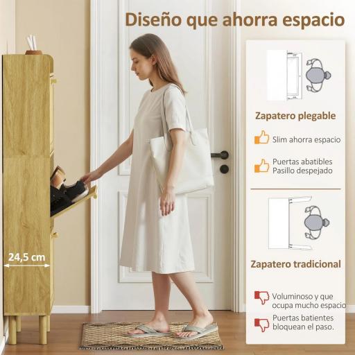 Mueble Zapatero con 3 Cajones Abatibles y Estante Abierto para12-18 Pares de Zapatos 65x24,5x153 cm Roble [4]