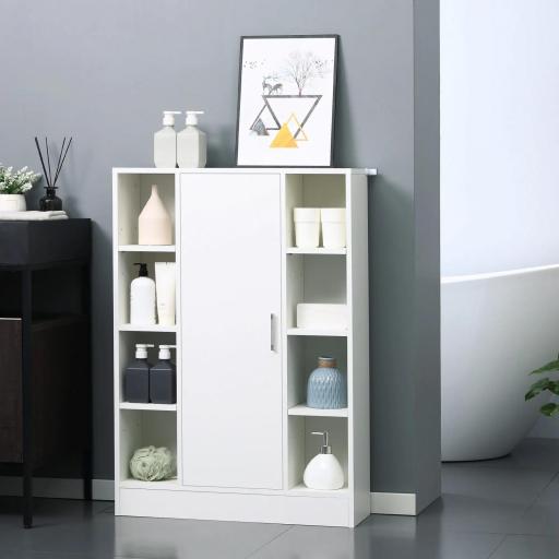 Armario de Suelo para Baño de Madera con 8 Compartimentos Abiertos y 1 Puerta con Estantes Ajustables Mueble Auxiliar Multiusos para Cocina Salón 71x22x100 cm Blanco